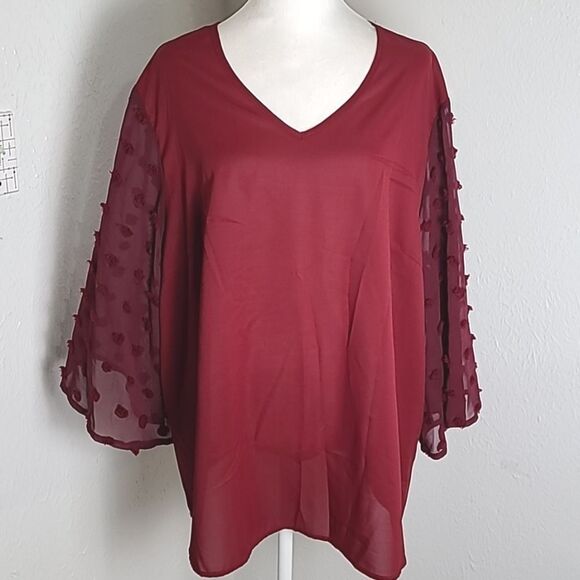 Shein Curve Burgundy & Maroon Mix Top, Fringe Polka-dot Bell Sleeves, Sz 3X,NWOT - Picture 1 of 8